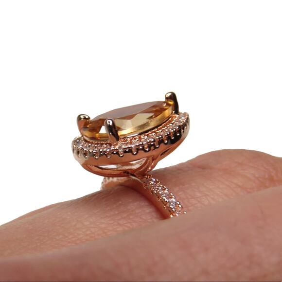 Macy's Rose Gold Pear Teardrop Halo Morganite Diamond Ring S 925 Size 7 - Picture 6 of 11